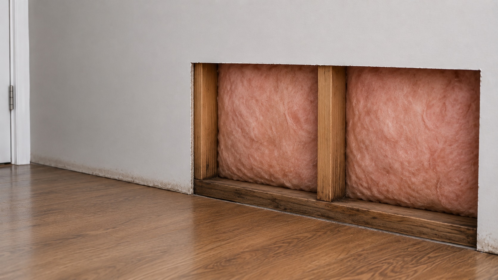 Photorealistic cutaway of a lower interior wall with baseboard removed, exposing studs, insulation, drywall edges, and subtle moisture staining near the floor.