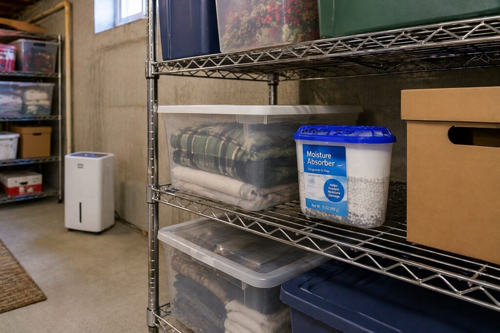 Moisture absorber placed on a storage shelf to help reduce dampness