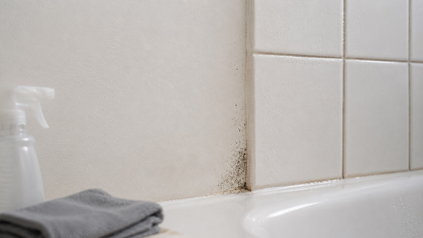 Small black mold spots returning along a bathroom wall and tile seam after cleaning, with a spray bottle and cloth nearby.