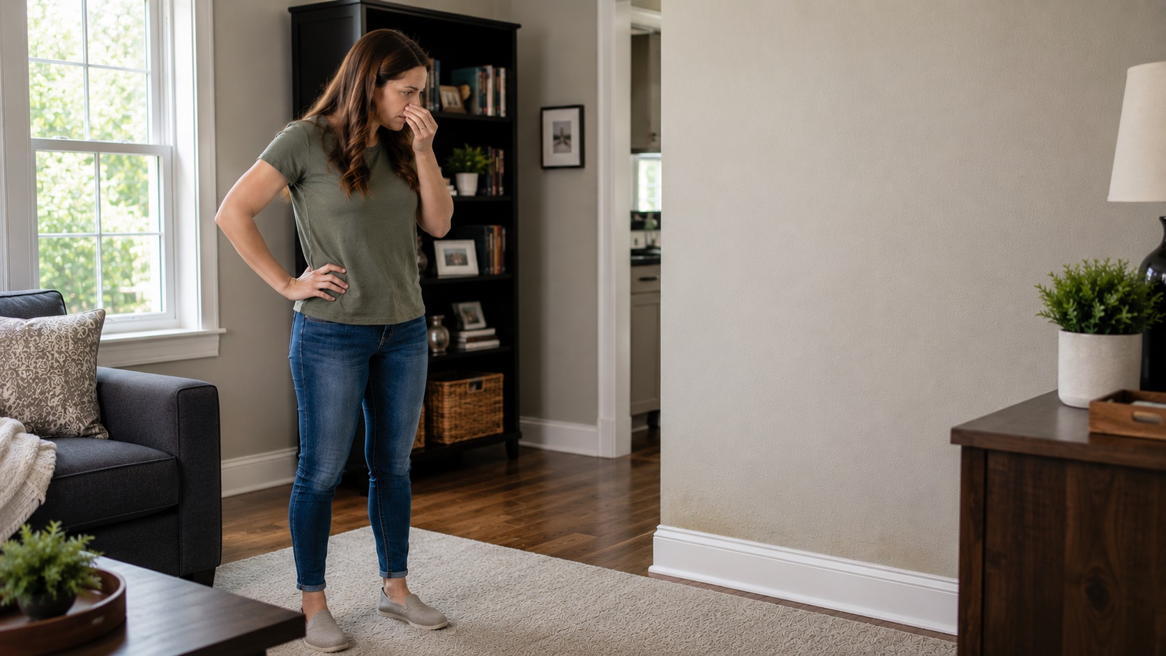 Homeowner notices a musty smell in a clean living room with a subtle moisture clue near the baseboard.