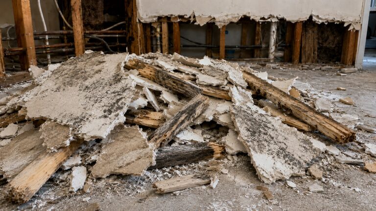Moldy drywall debris and removed wood framing pieces in a residential remediation project