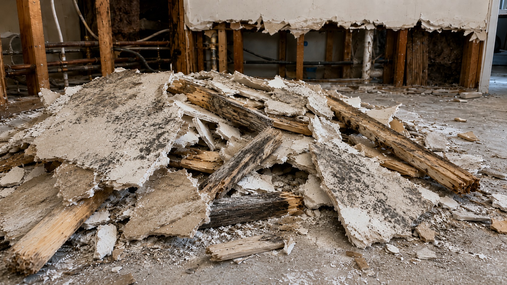 Moldy drywall debris and removed wood framing pieces in a residential remediation project