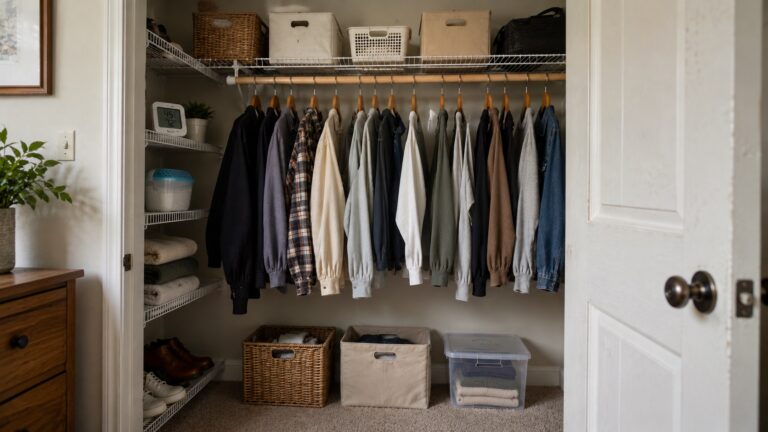 Alt text: Organized closet with spaced clothing, wire shelves, storage bins, a hygrometer, and a moisture absorber to help p