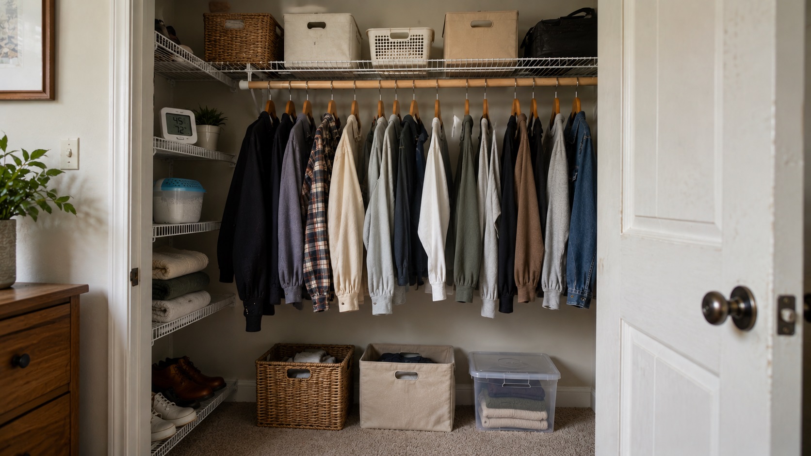 Alt text: Organized closet with spaced clothing, wire shelves, storage bins, a hygrometer, and a moisture absorber to help p