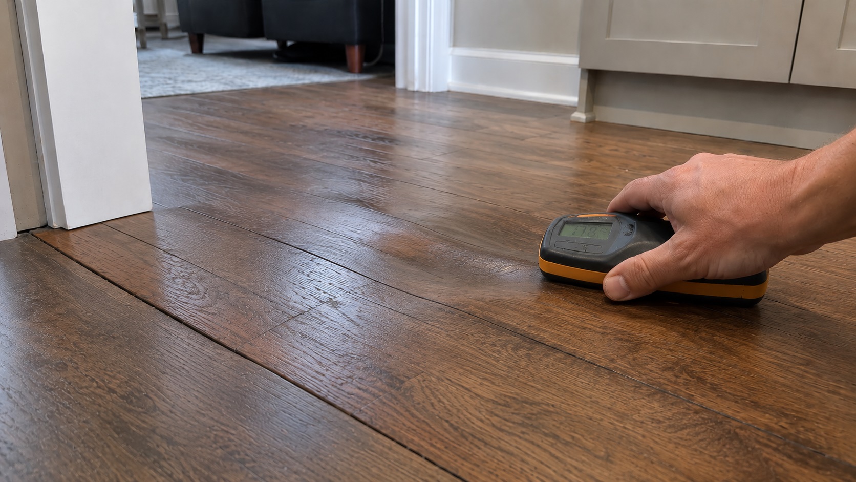 A pinless moisture meter checks a slightly uneven wood floor with darkened seams after water damage.