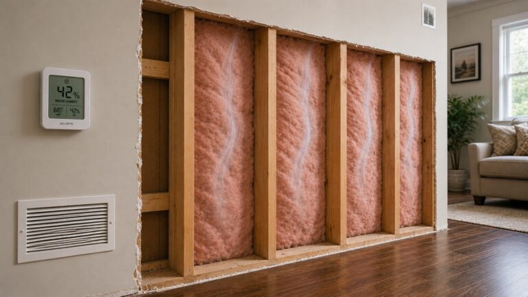 Exposed interior wall cavity with 2x4 framing, fiberglass insulation, faint airflow, and a humidity monitor showing 42% indoor humidity.