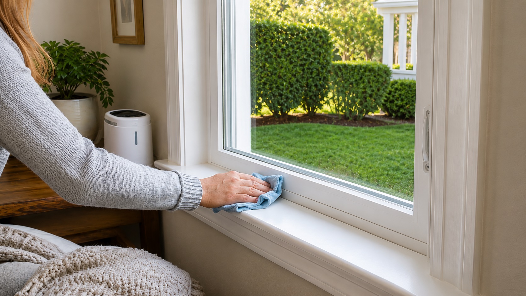 Homeowner wiping light condensation from a clean window area to help prevent mold around the frame and trim.