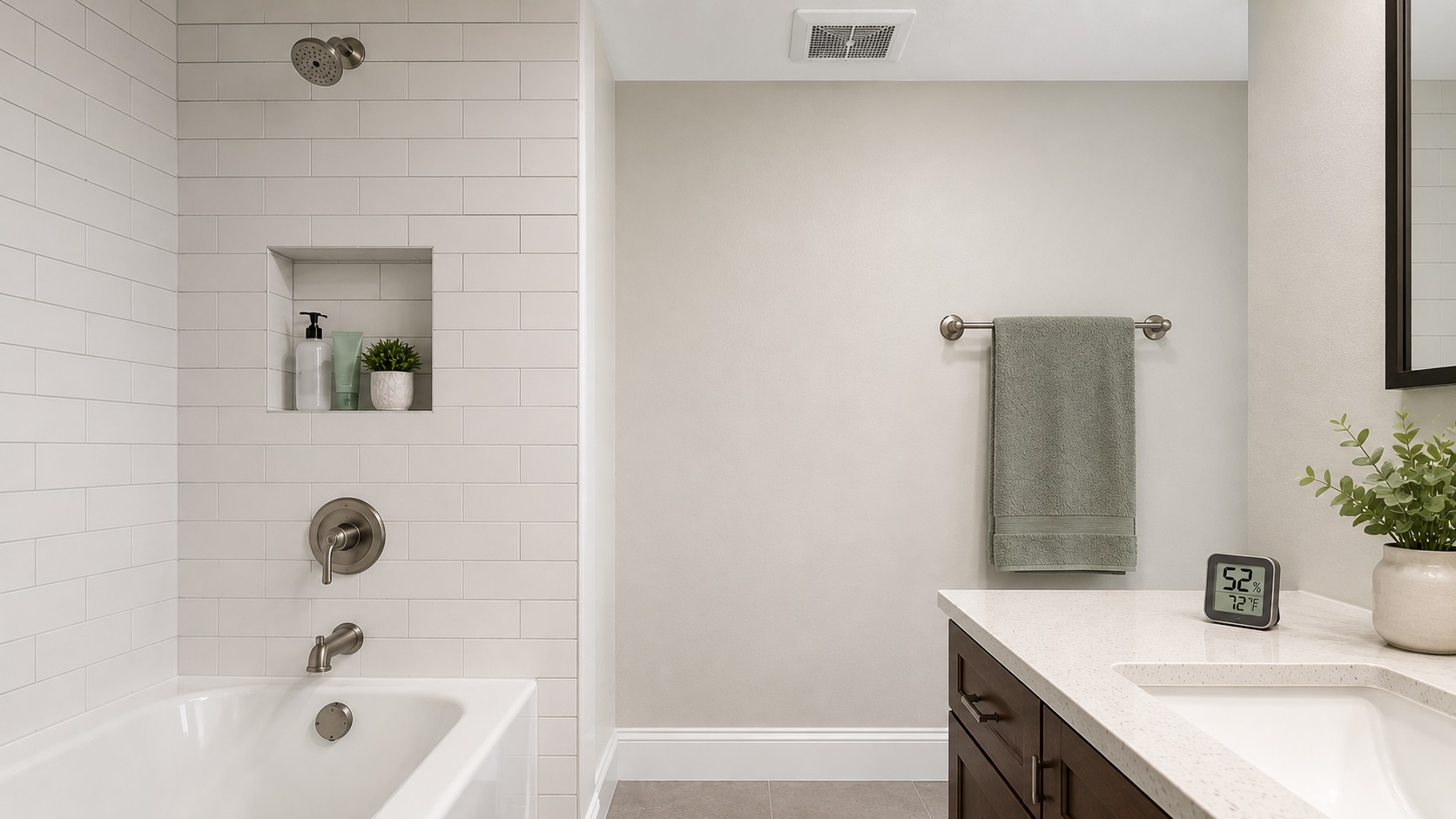 Clean bathroom with dry tiled shower wall, intact caulk, exhaust fan, and hygrometer for preventing hidden mold behind bathroom walls.