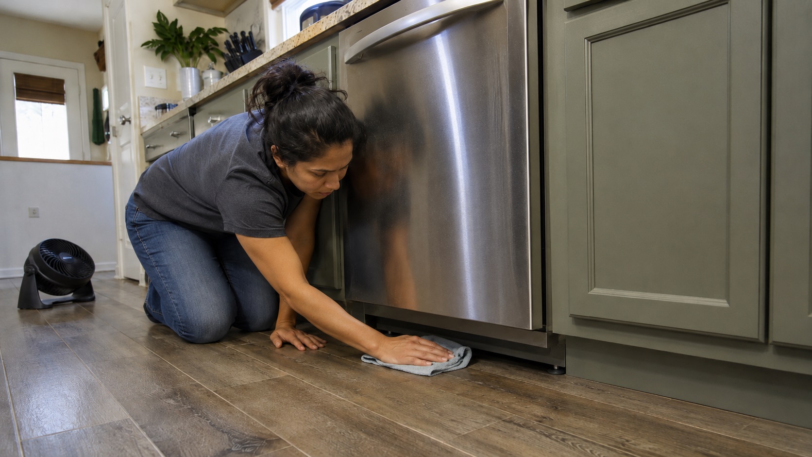 Homeowner kneeling beside a built-in dishwasher and wiping a small amount of moisture from the floor while a portable fan helps dry the area.