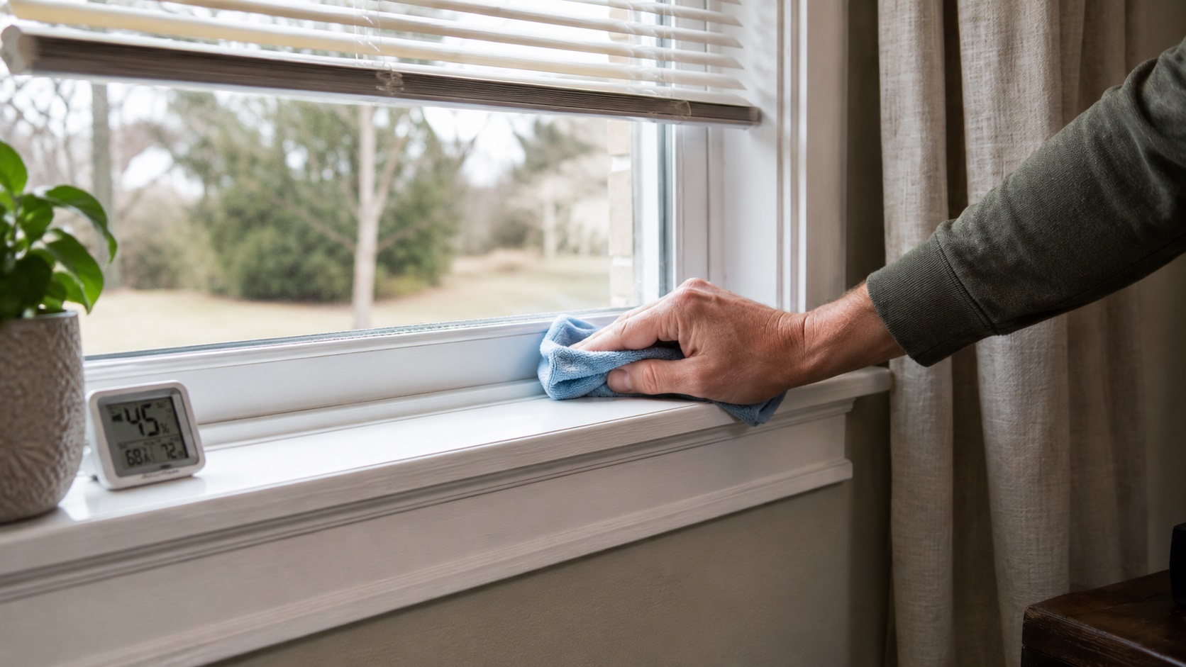 Hand pressing a moisture meter against a painted window sill with subtle staining and bubbling near the lower corner.