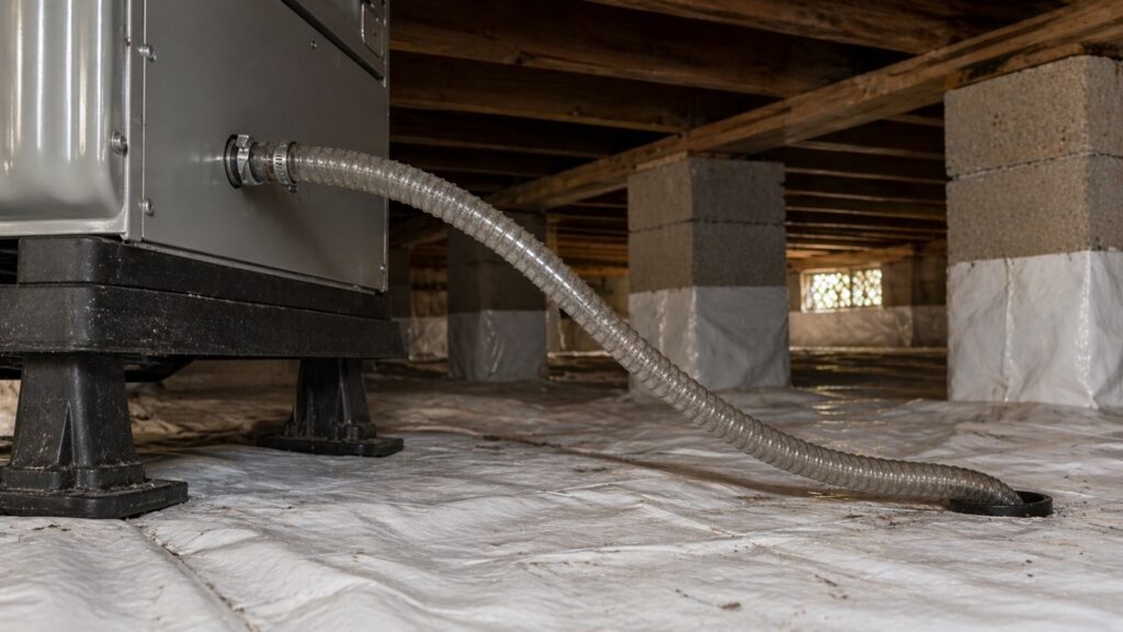 Crawl space dehumidifier drain hose sloping downward properly