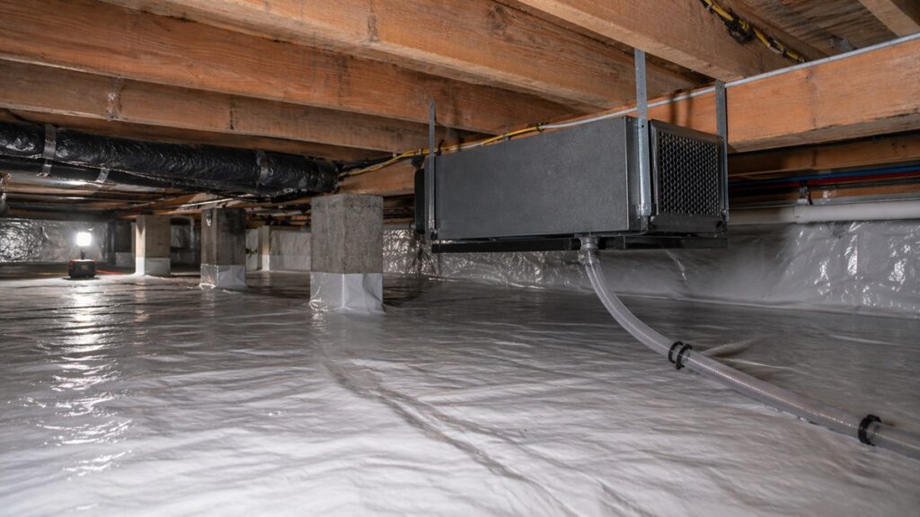 Horizontal crawl space dehumidifier properly installed beneath floor joists