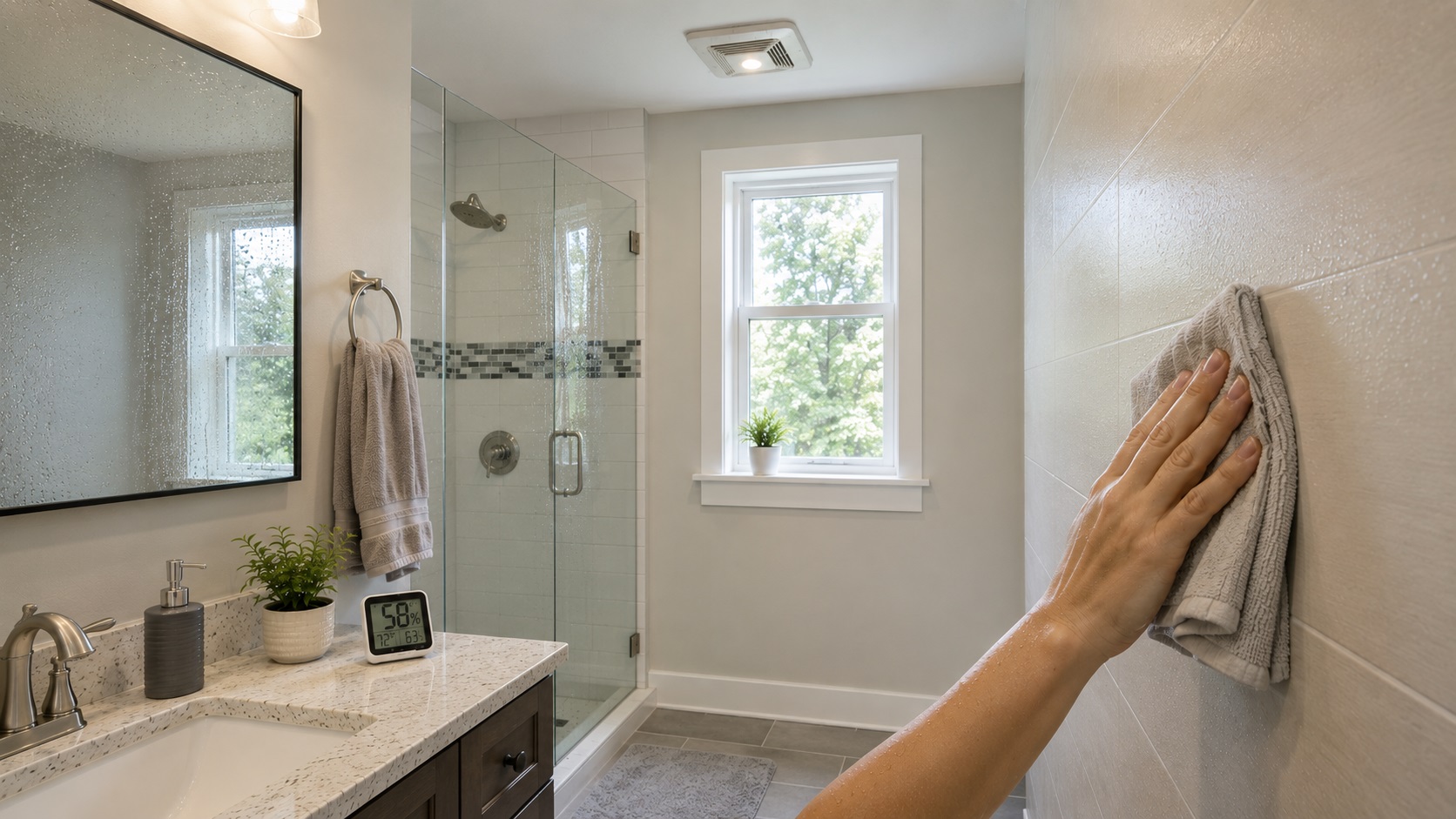Homeowner wiping light moisture from a bathroom wall after a shower, with a fogged mirror, glass shower, exhaust fan, window, and hygrometer showing humidity control.