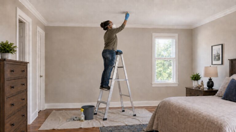Woman wearing an N95 respirator, safety glasses, and gloves while cleaning a small mold patch from a bedroom ceiling on a step ladder.