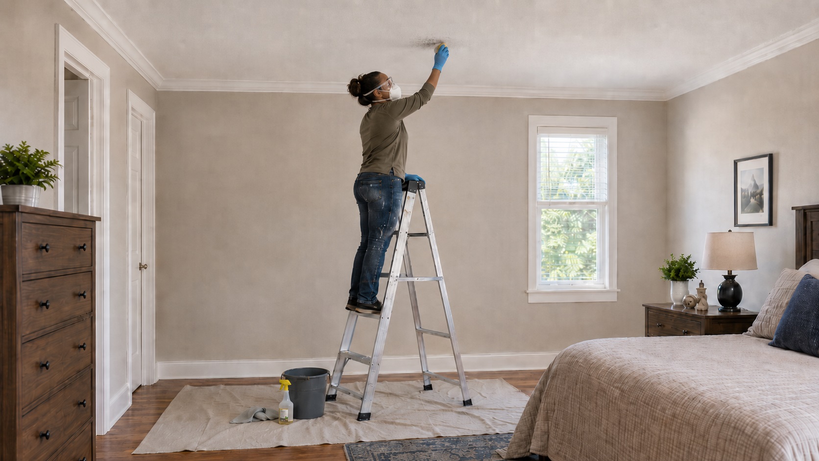 Woman wearing an N95 respirator, safety glasses, and gloves while cleaning a small mold patch from a bedroom ceiling on a step ladder.