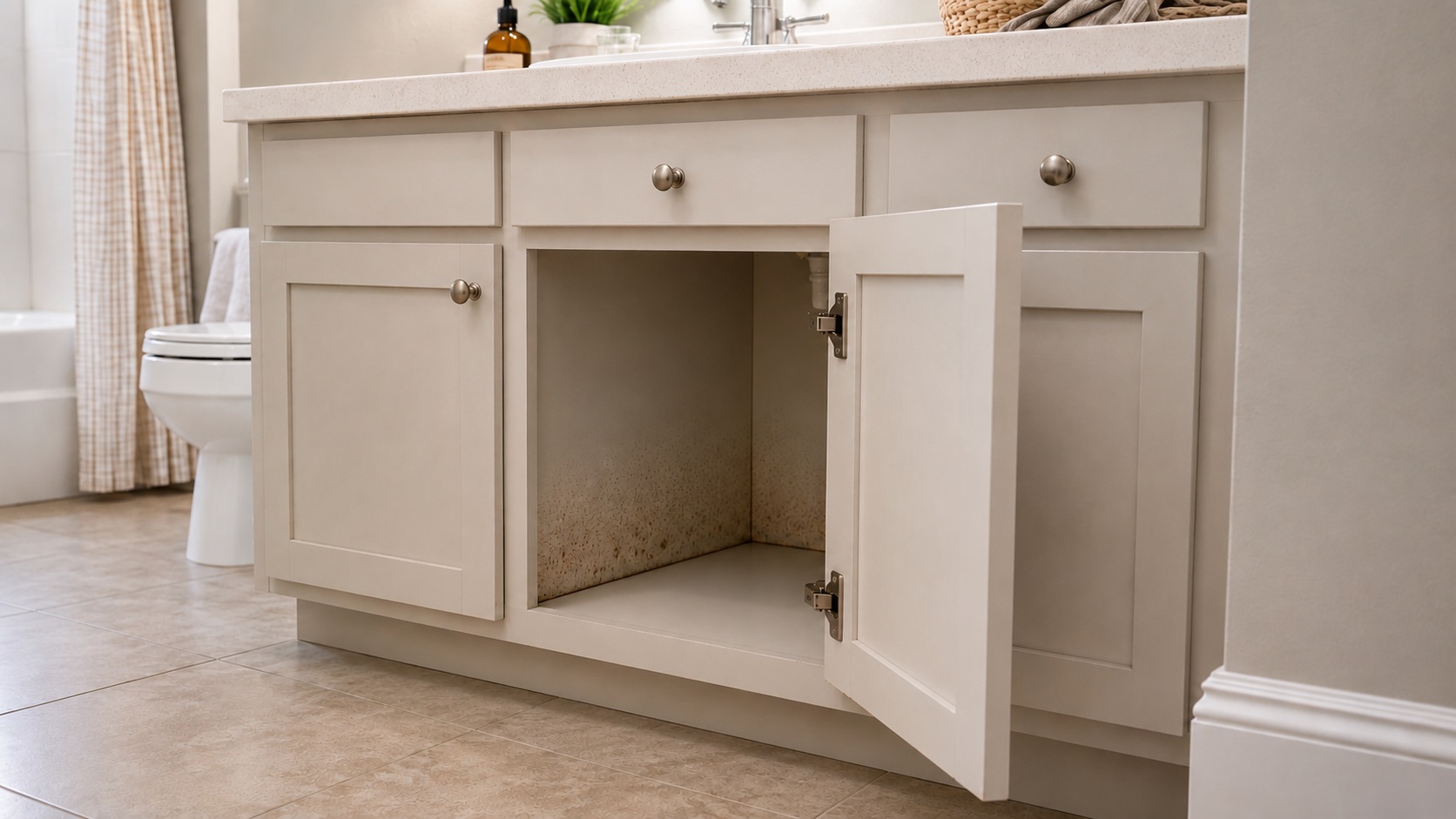 Open bathroom vanity cabinet showing subtle moisture staining and possible hidden mold signs on the lower back panel.