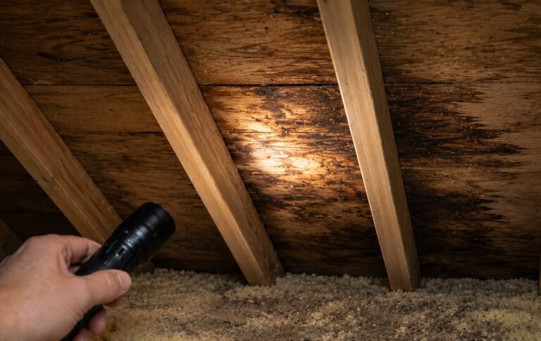 Homeowner inspecting dark moisture staining on roof decking and rafters in an attic, showing early signs of hidden roof moisture.