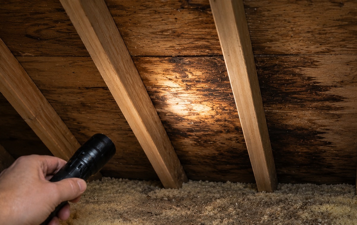 Homeowner inspecting dark moisture staining on roof decking and rafters in an attic, showing early signs of hidden roof moisture.