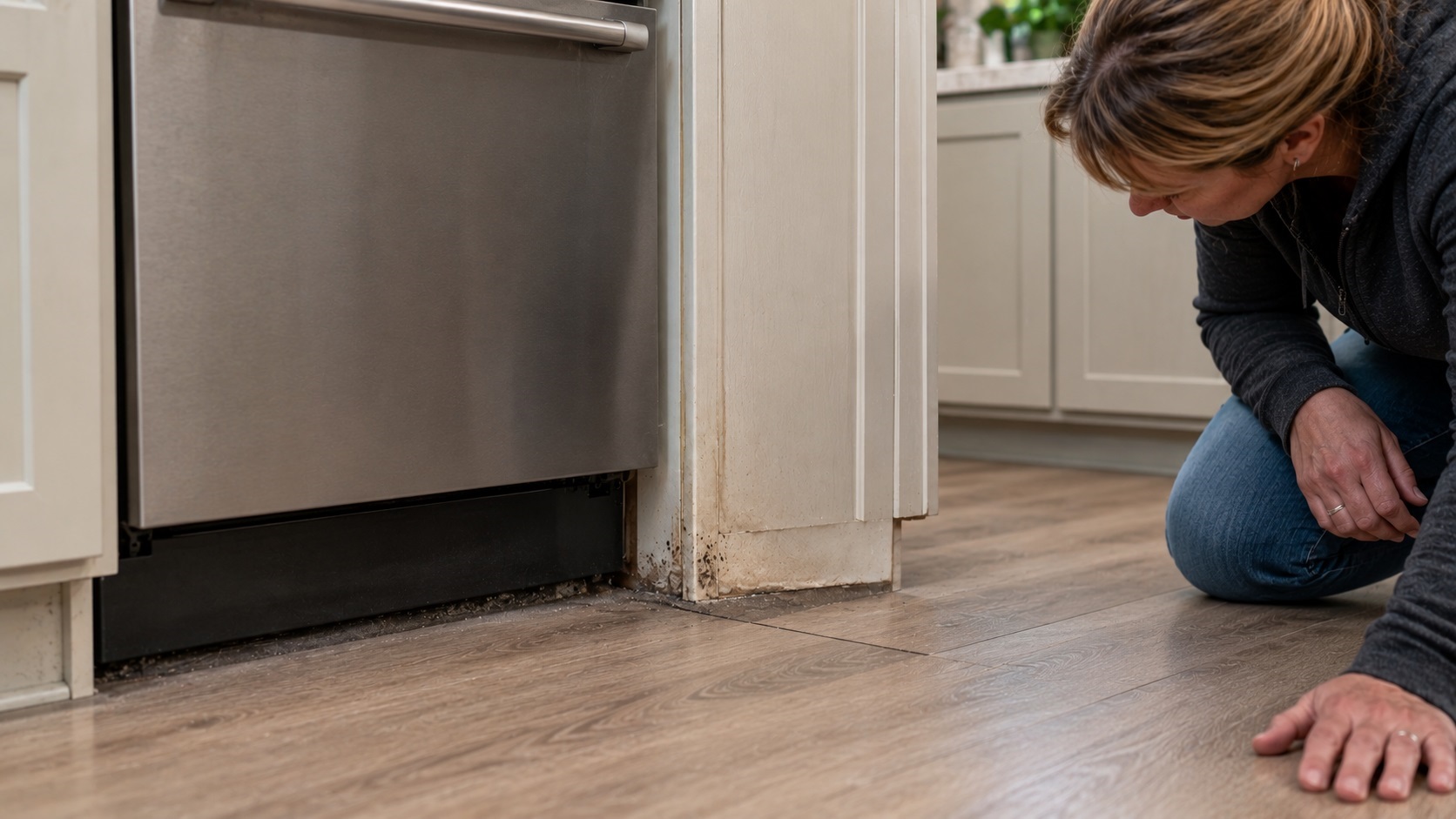 Homeowner inspecting subtle mold, moisture staining, and cabinet swelling beside a fully installed dishwasher where hidden moisture may indicate mold behind the appliance.
