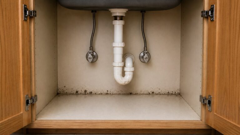 Open kitchen sink cabinet with visible PVC drain, supply lines, and subtle mold staining along the rear cabinet seam.