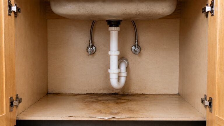 Open kitchen sink cabinet with centered plumbing, supply lines, stained cabinet floor, and darkened seams showing signs of water damage under the sink.