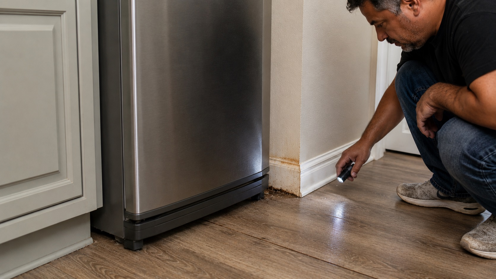 Homeowner inspecting subtle signs of a hidden water leak beside a fully installed refrigerator, including slight floor discoloration, minor baseboard staining, and dust buildup along the narrow side gap.