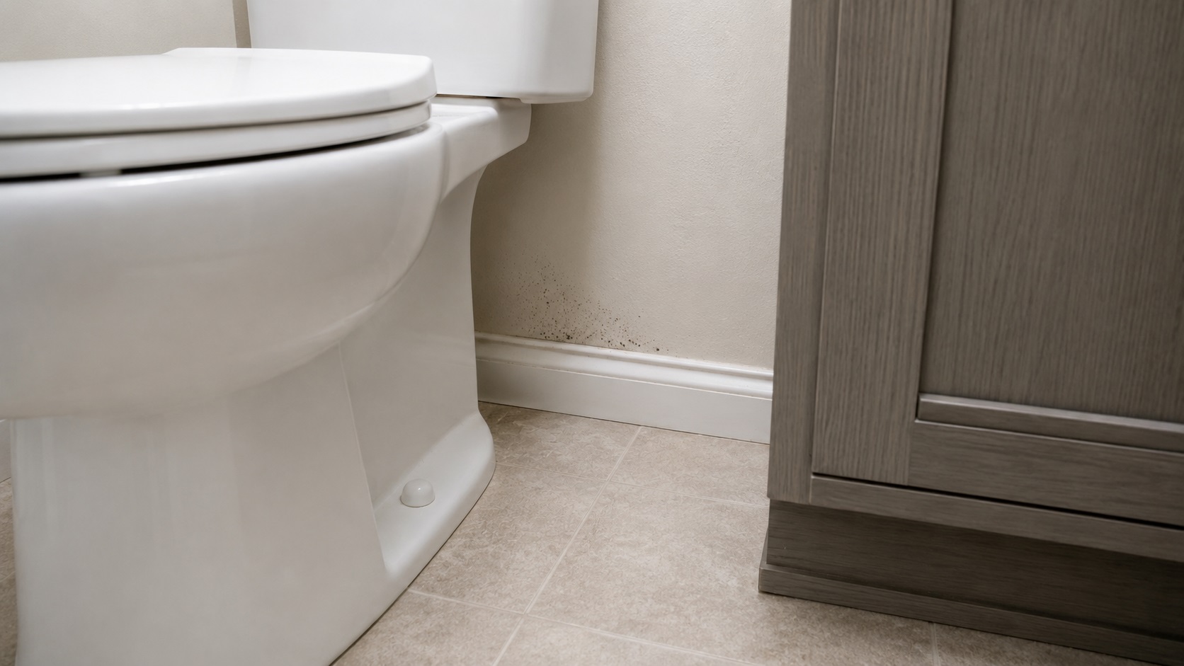Small dark mold specks and faint staining on the wall behind a toilet and bathroom vanity near the baseboard seam.