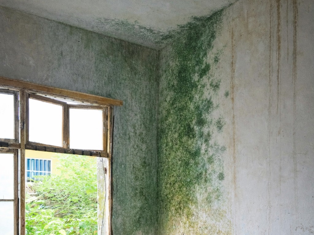 Mold growing in wall corner caused by moisture and water streaking near ceiling