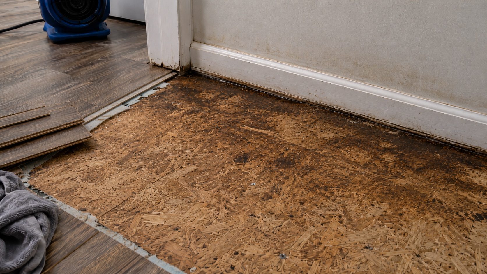 Exposed OSB subfloor with dark water stains, lifted flooring, underlayment remnants, stained baseboard, and drying fan after moisture damage.