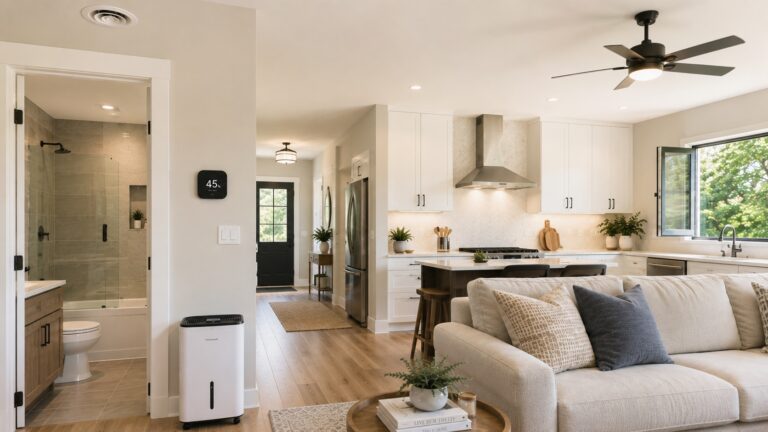 Modern open-concept home with a dehumidifier, ventilation fan, range hood, open window, ceiling fan, and humidity monitor showing 45 percent.