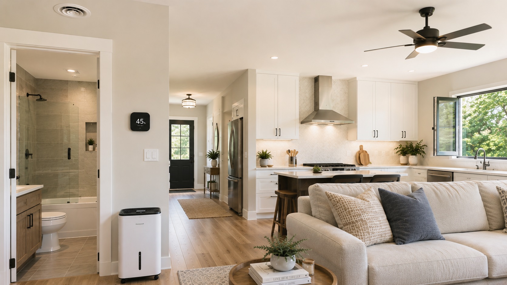 Modern open-concept home with a dehumidifier, ventilation fan, range hood, open window, ceiling fan, and humidity monitor showing 45 percent.