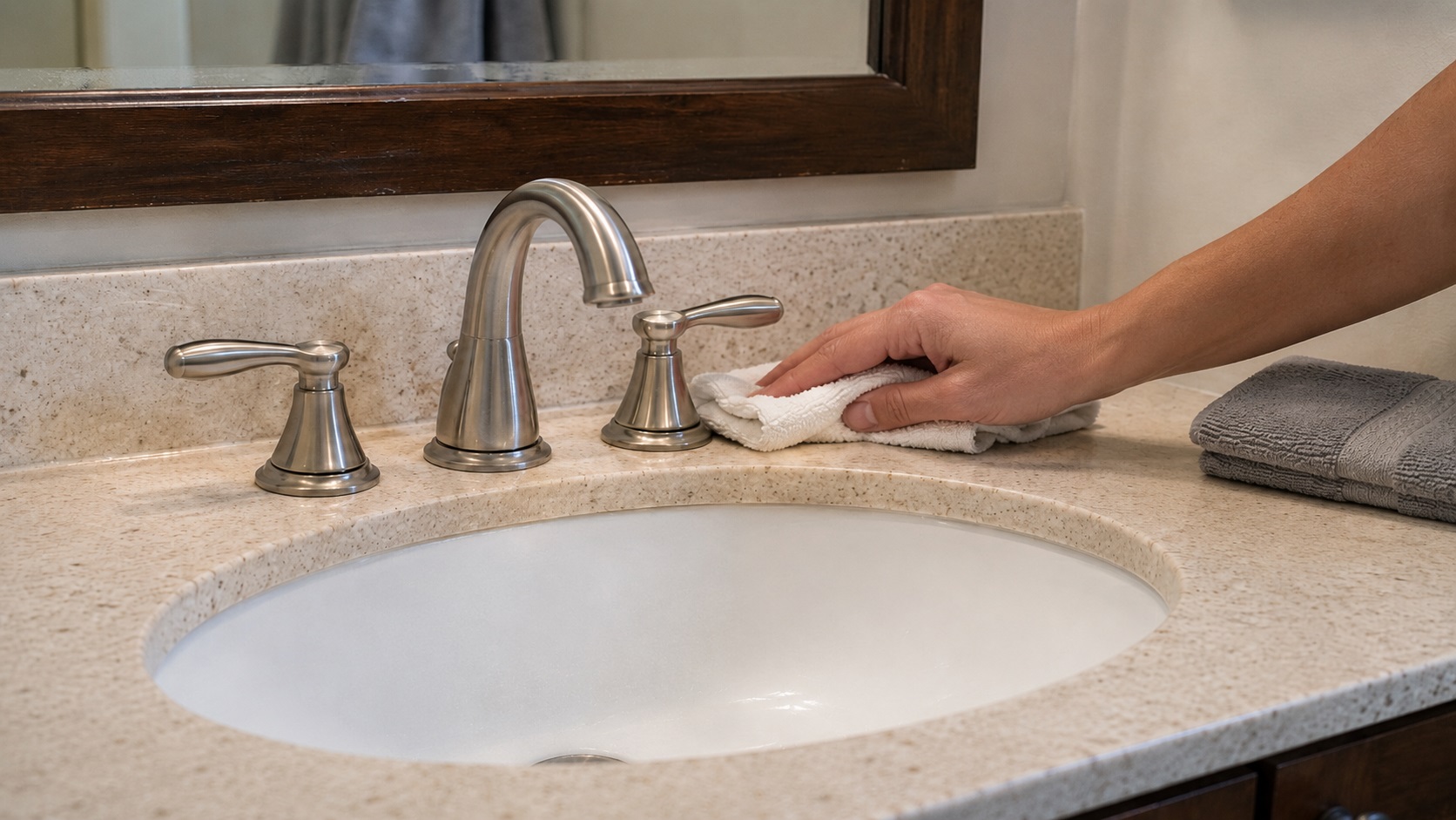 Homeowner wiping around a bathroom faucet base with a cloth to keep the sink area dry and prevent mold around fixtures.