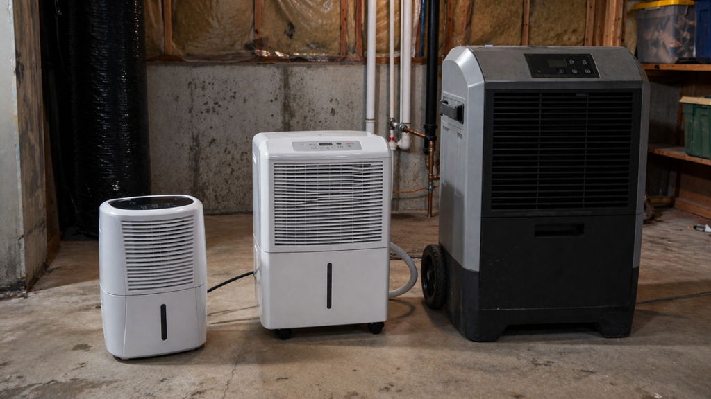 Different sizes of basement dehumidifiers placed side by side for comparison