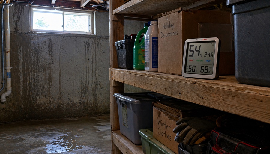 Hygrometer placed in a residential basement to monitor humidity levels