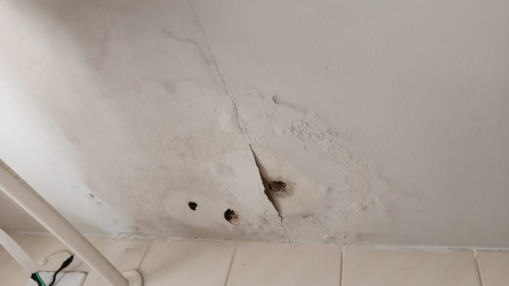 Ceiling water damage with brown staining, peeling paint, and small holes around a damaged drywall area.