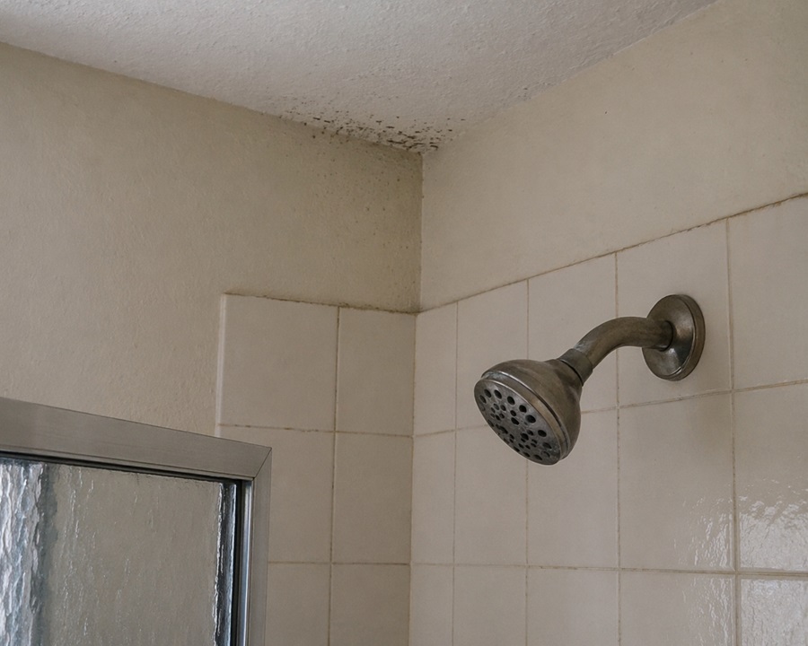Small mold spots forming on bathroom ceiling due to high humidity