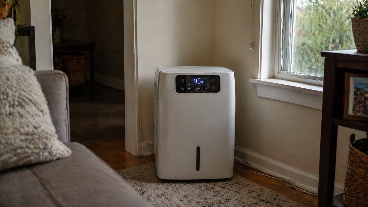Dehumidifier set to 45 percent humidity operating in a residential living room to prevent mold growth