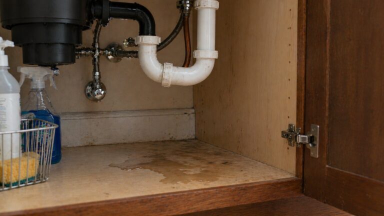 Slow plumbing leak under kitchen sink causing water buildup inside cabinet before major damage