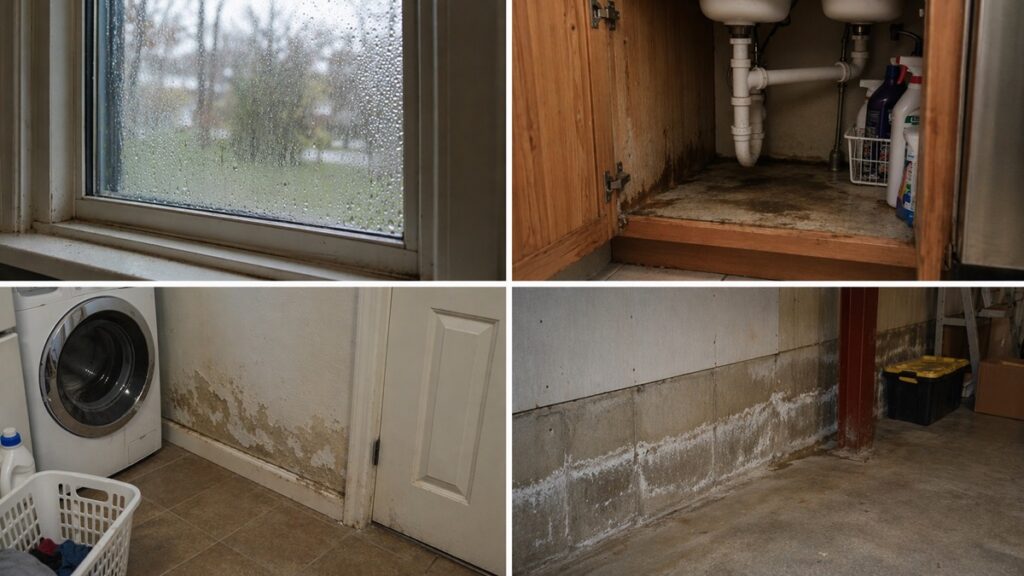 Common household areas where hidden moisture problems often develop, including plumbing, windows, and basement walls.