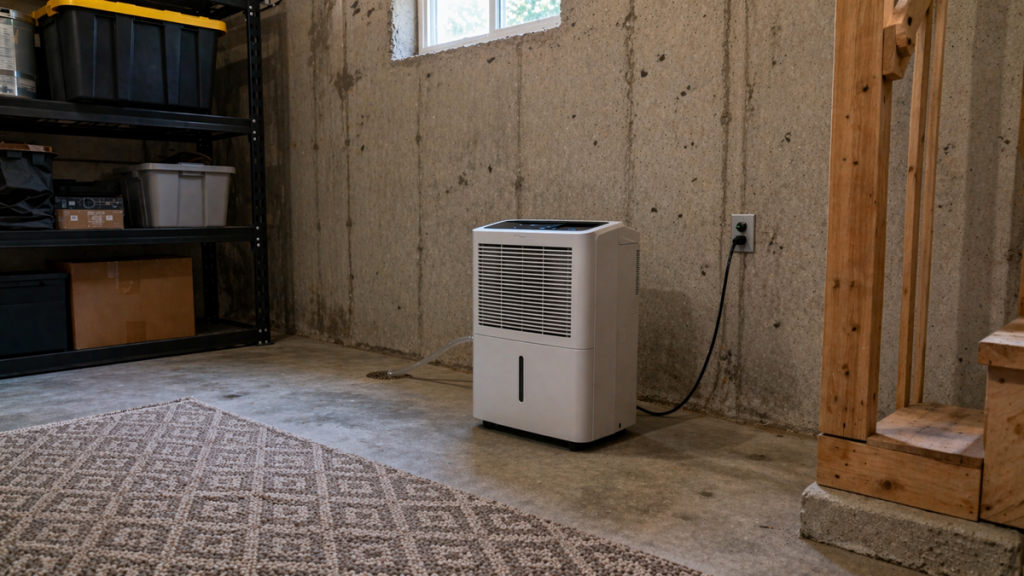 Proper placement of a dehumidifier in a basement with airflow space around unit