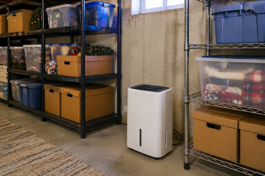 Dehumidifier running in a storage area to reduce mold risk