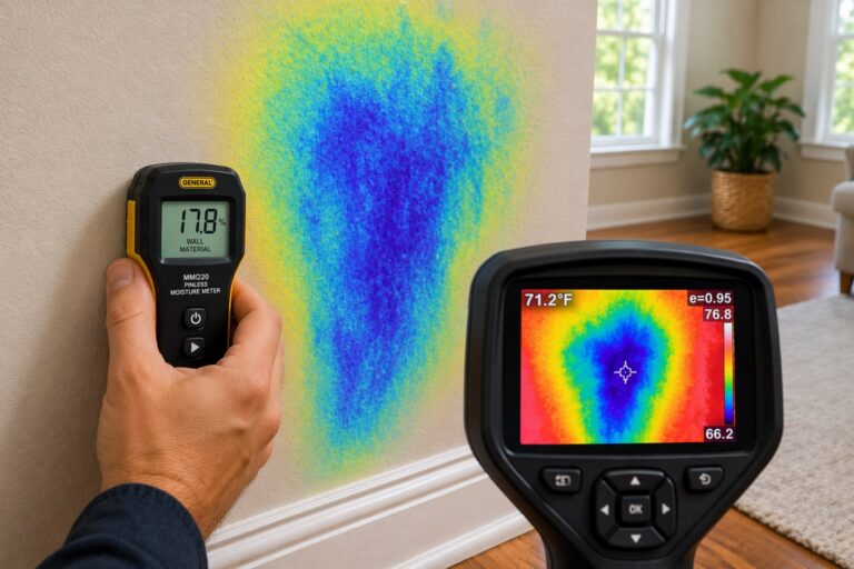Using a moisture meter and infrared camera to detect hidden moisture inside walls without opening drywall