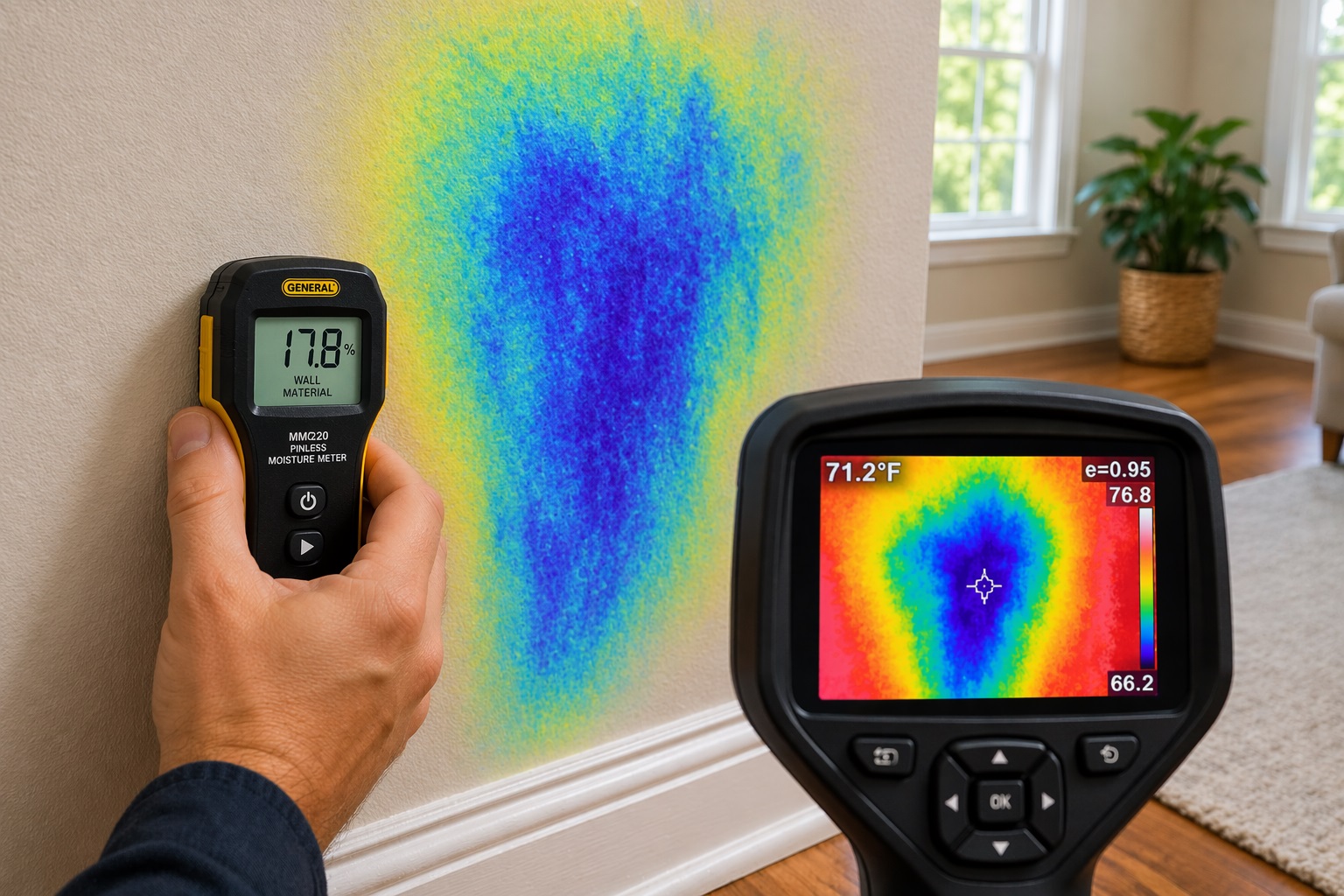 Using a moisture meter and infrared camera to detect hidden moisture inside walls without opening drywall