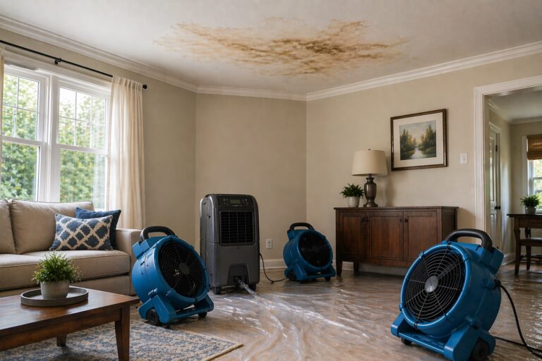 Air movers and dehumidifier drying a water-damaged ceiling with visible stain in a residential living room