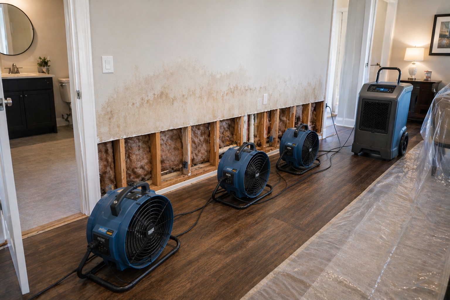 Lower drywall flood cut after water damage with fans and dehumidifier drying wall near bathroom