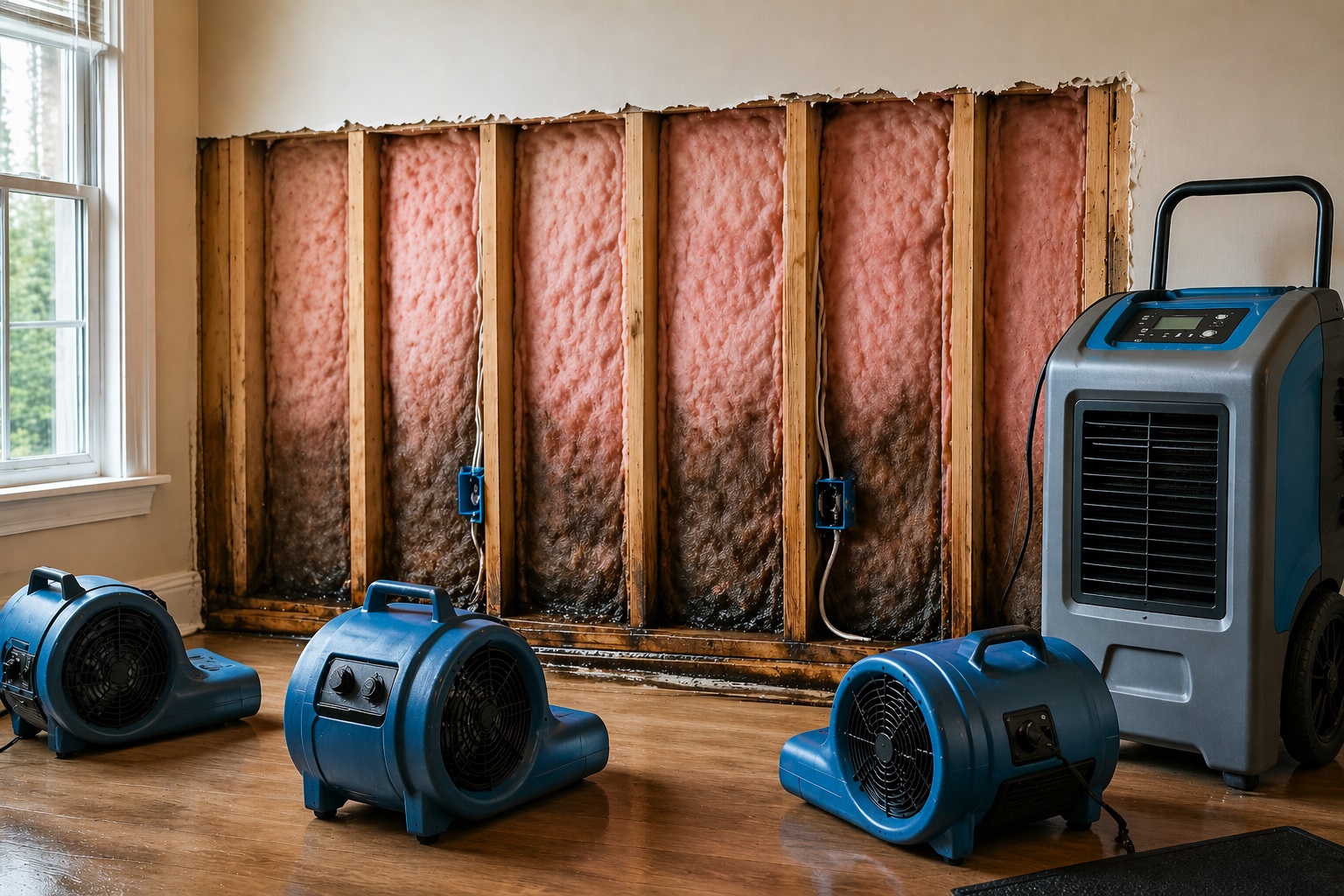 Wet fiberglass insulation drying inside an open wall cavity using fans and a dehumidifier after water damage