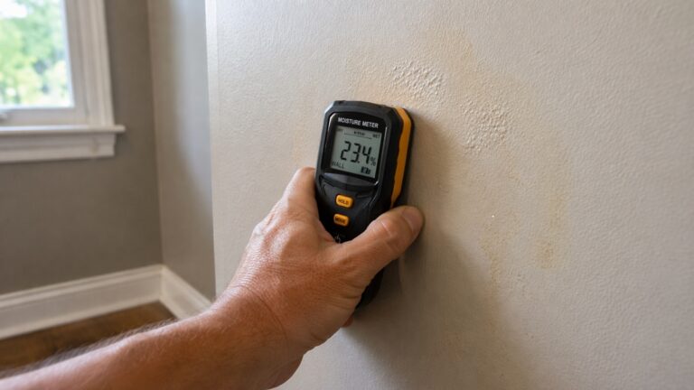 Moisture meter detecting hidden water leak inside residential wall drywall