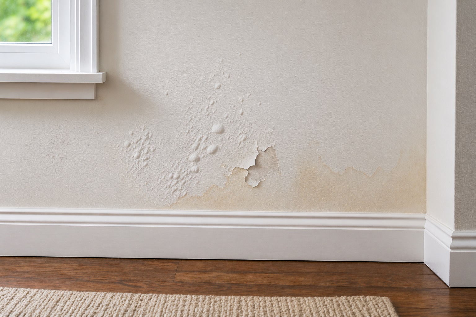 Hidden moisture in walls causing bubbling paint, yellow stains, and warped baseboard near window