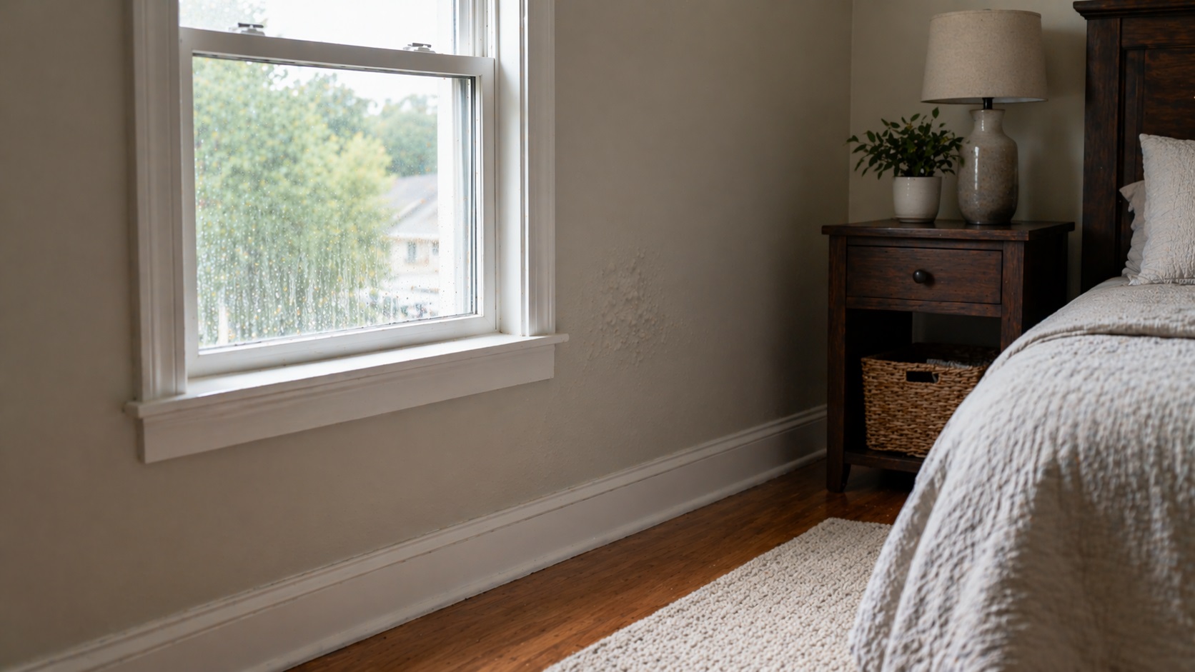 Early signs of hidden water damage near a bedroom window showing condensation and bubbling paint above the baseboard.