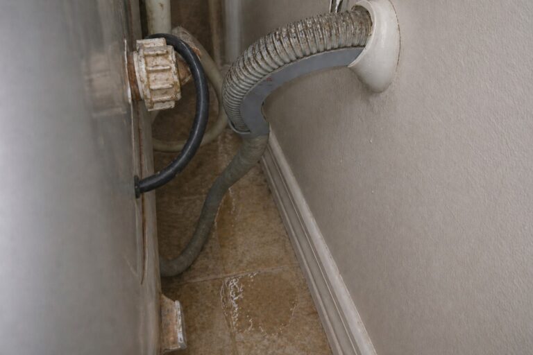 Small hidden water puddle behind washing machine near supply hoses in a realistic laundry room leak scenario